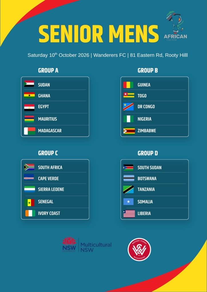 Infographic displaying the groups for the Senior Mens African football tournament scheduled on October 10, 2026, at Wanderers FC, with group listings A, B, C, and D.
