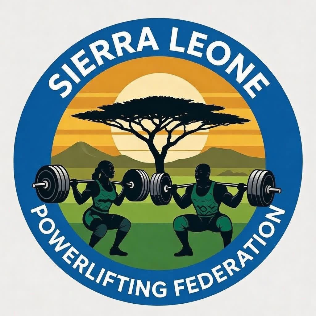 Logo of the Sierra Leone Powerlifting Federation featuring a silhouette of a man and woman lifting weights in front of a tree and a sunset backdrop.